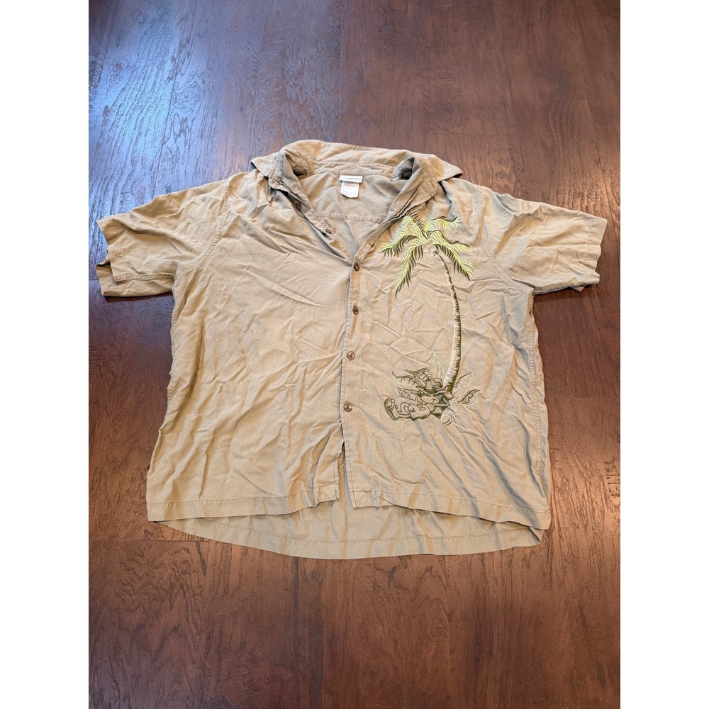 Walt Disney World Men's XL Green Silk Hawaiian Mickey Mouse Palm Tree Shirt